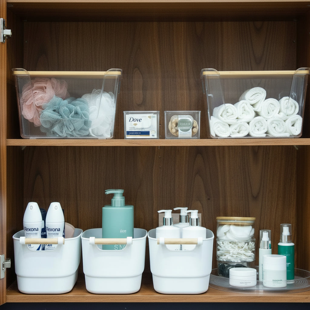 Bathroom shelves with various toiletries including bottles, containers, and towels.